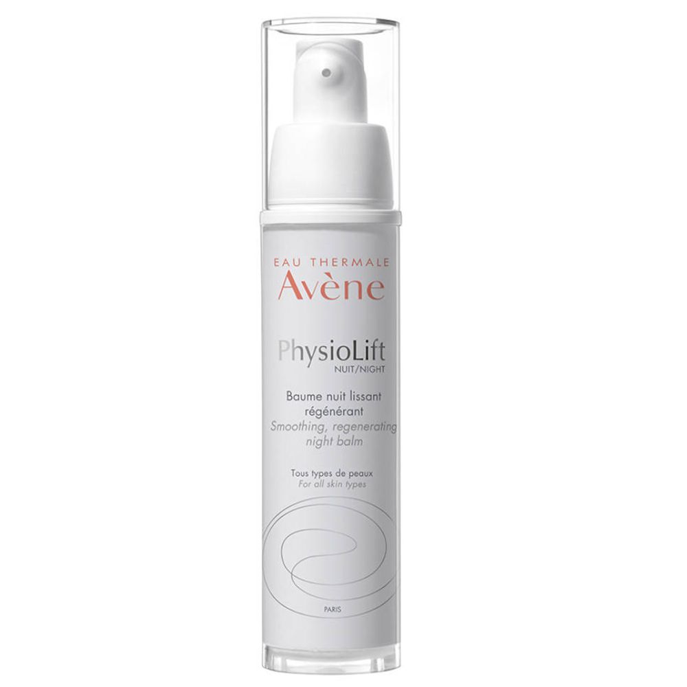 Witte flacon met pomp. Opschrift: Eau Thermale Avène, Physiolift Nuit, Baume nuit lissant régénérant, Smoothing, regenerating night balm.