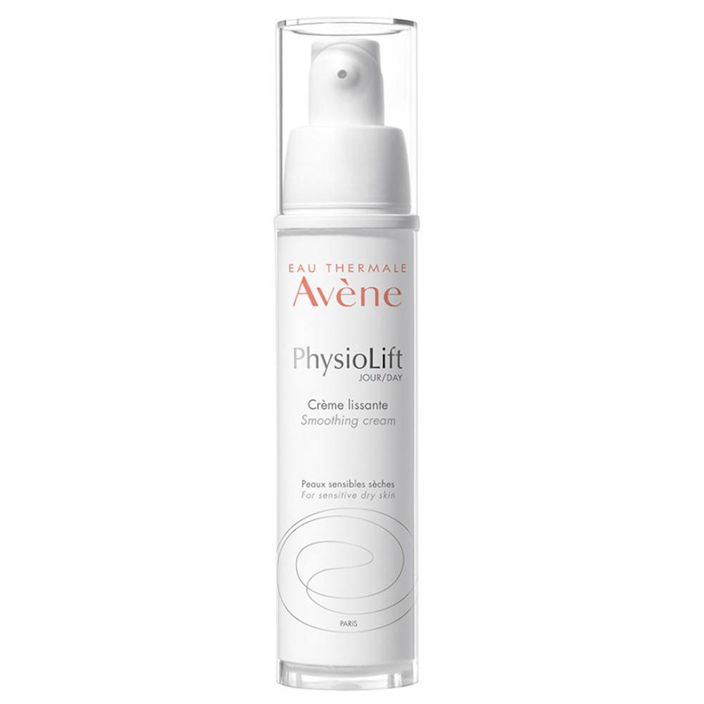 Flacon blanc avec pompe. Inscription: Eau Thermale Avène, Physiolift Jour, Crème lissante. Pour peaux sensibles sèches.