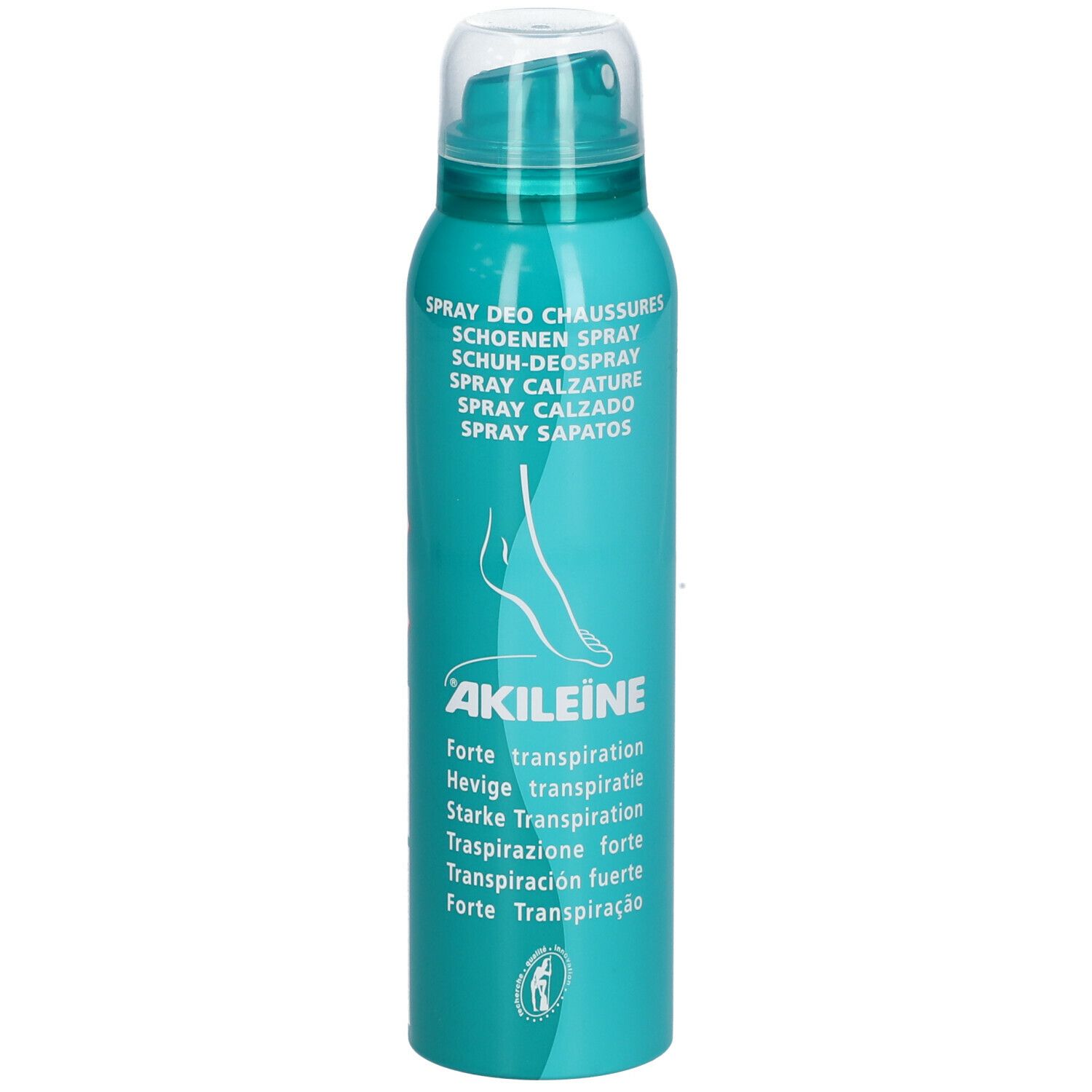 Flacon spray turquoise avec bouchon blanc. Inscription: AKILEÏNE, Forte transpiration. Symbole de pied.