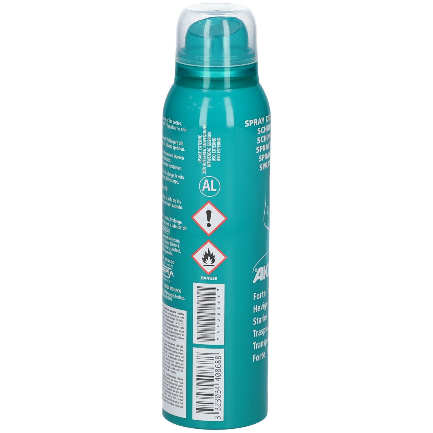 Flacon spray turquoise. Inscription: Spray Deo Chaussures. Avertissements et code-barres.