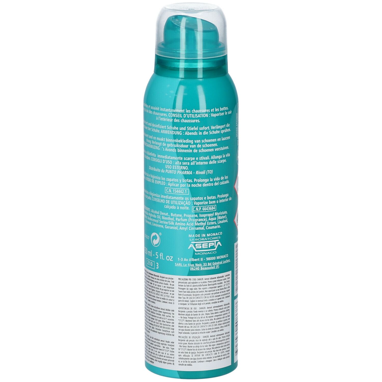 Flacon spray turquoise. Inscription: Spray Deo Chaussures. Mode d'emploi et ingrédients.