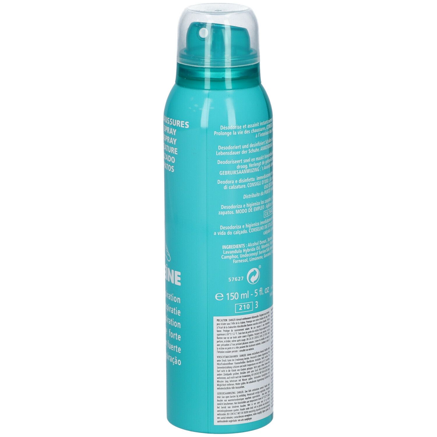 Flacon spray turquoise. Inscription: Spray Deo Chaussures. Ingrédients et volume.