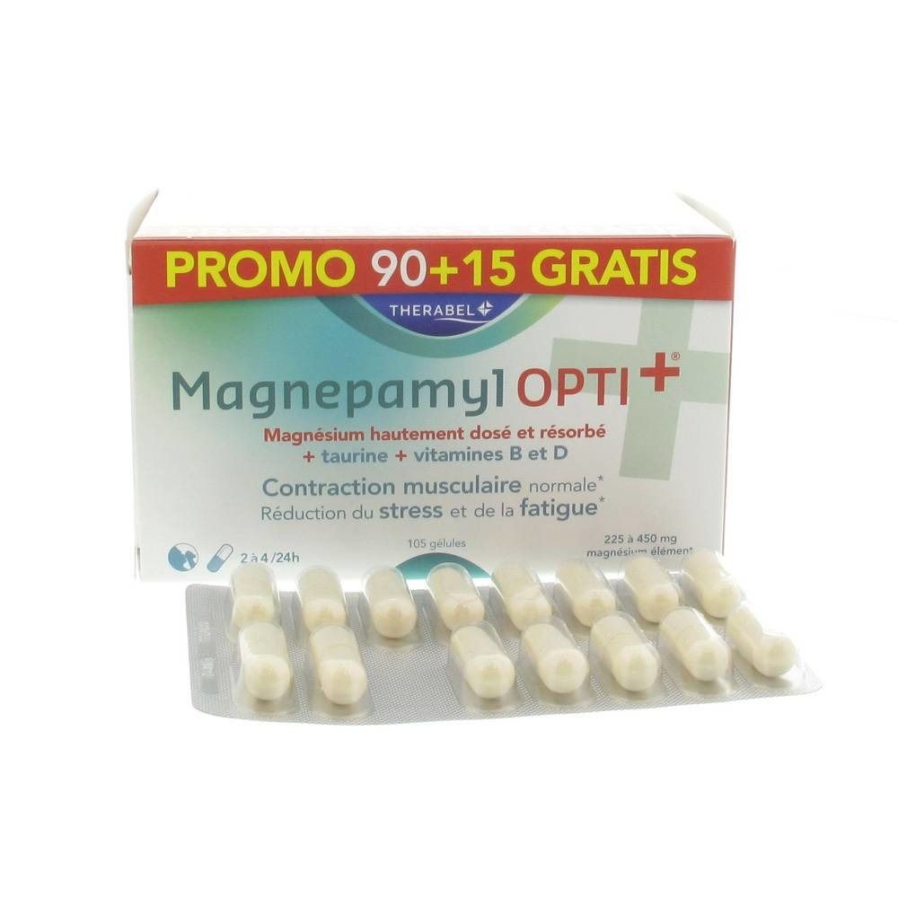 Verpakking Magnepamyl Opti+ met capsules. Bevat 105 capsules. Opschrift: Promo 90+15 Gratis.