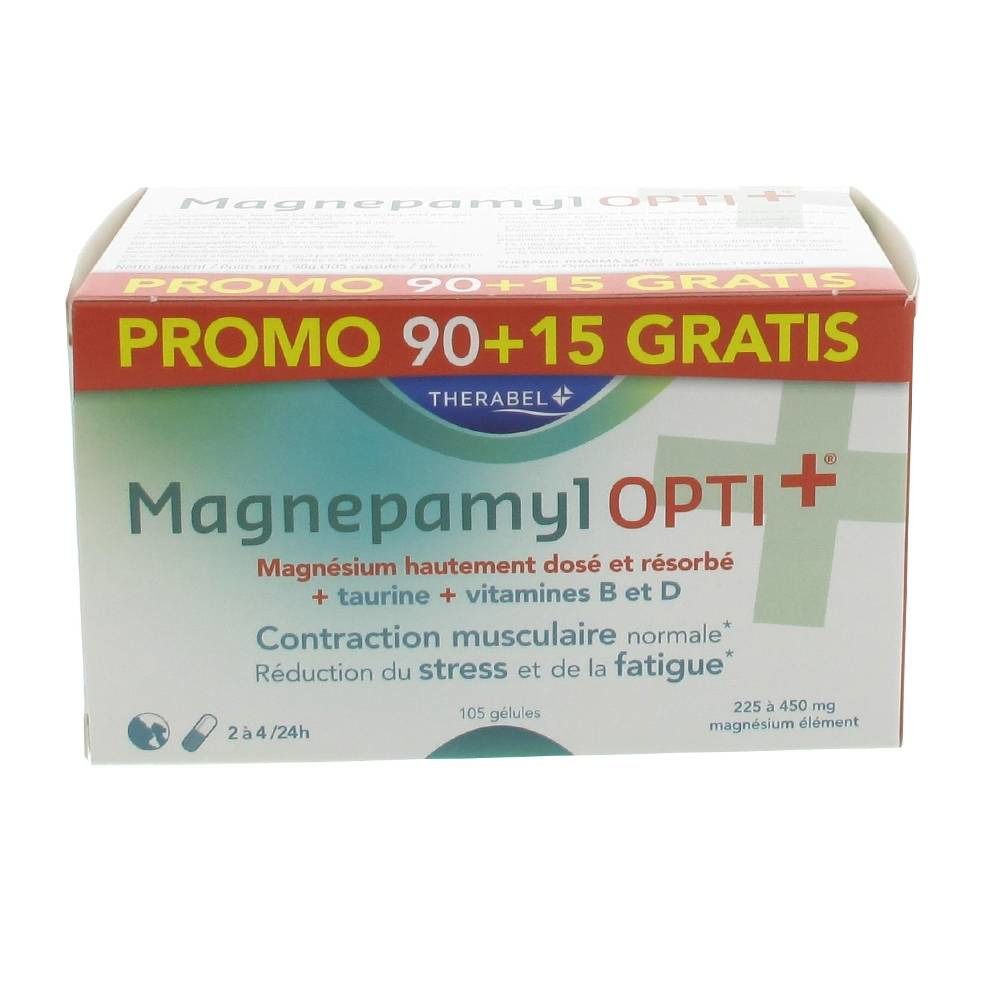 Verpakking Magnepamyl Opti+ met opschrift: Promo 90+15 Gratis. Bevat 105 capsules. Tekst: Contraction musculaire normale.