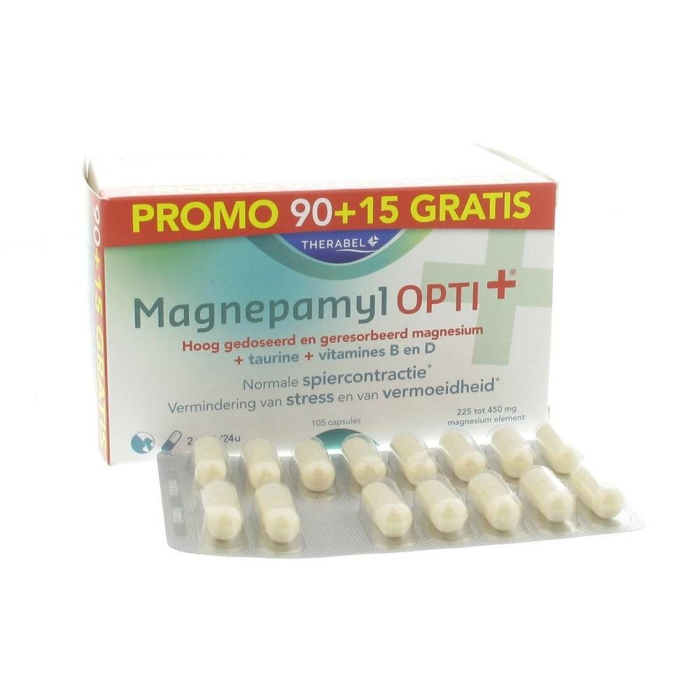 Verpakking Magnepamyl Opti+ met capsules. Bevat 105 capsules. Opschrift: Promo 90+15 Gratis. Tekst: Normale spiercontractie.
