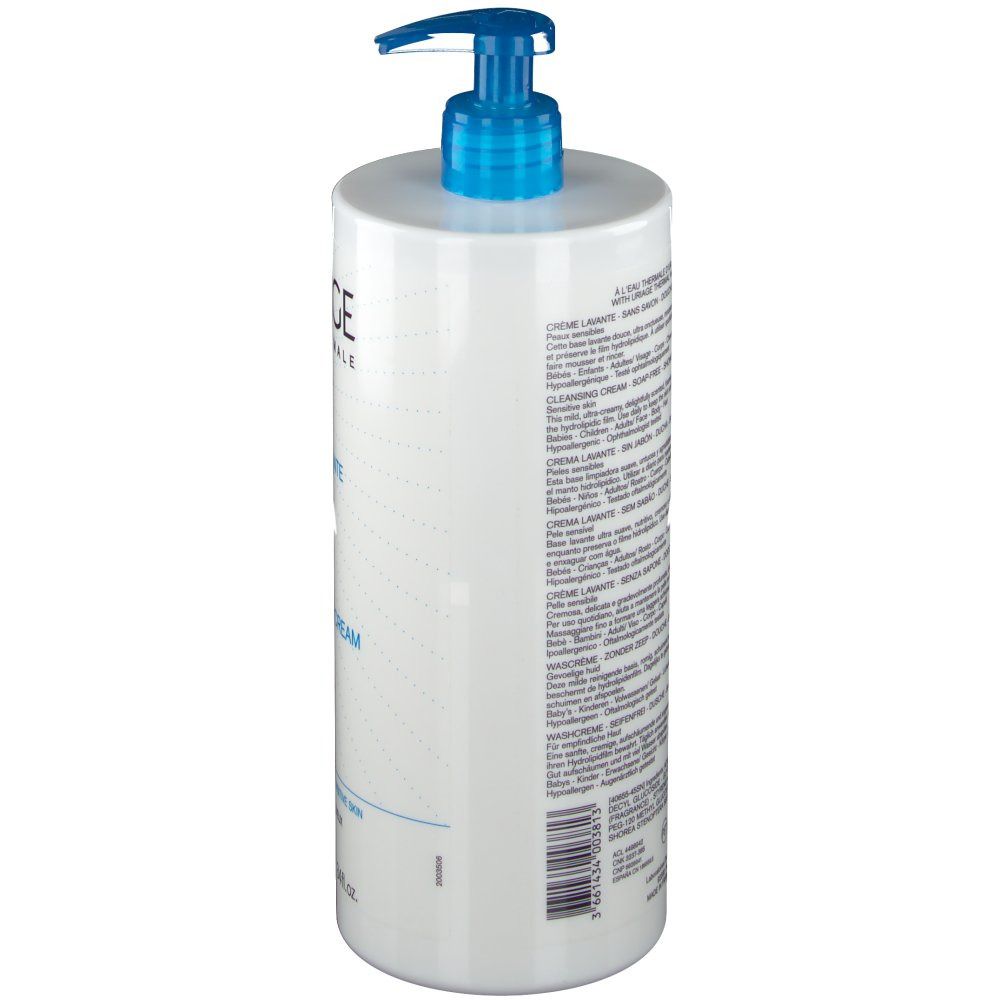 Dos du flacon de Crème Lavante Uriage. Texte: Crème Lavante, Cleansing Cream. Informations produit et code-barres.