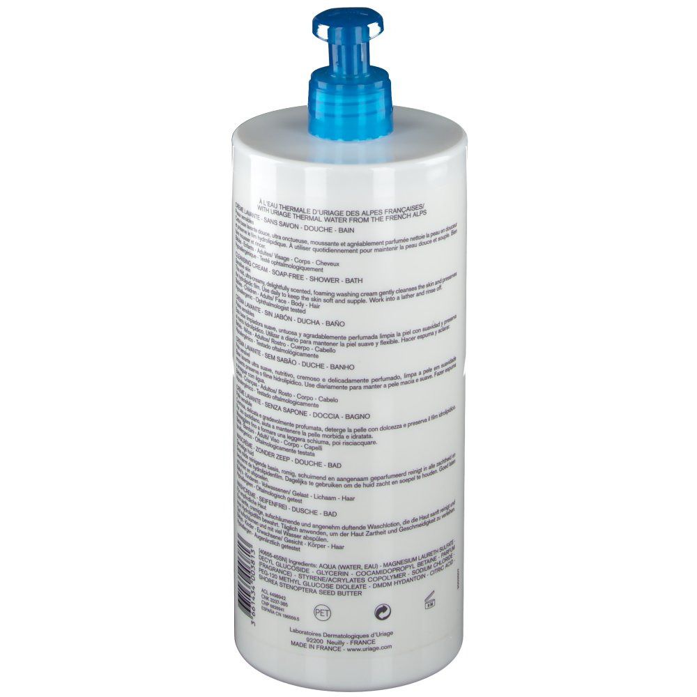 Dos du flacon de Crème Lavante Uriage. Texte: Crème Lavante, Cleansing Cream. Informations produit multilingues.