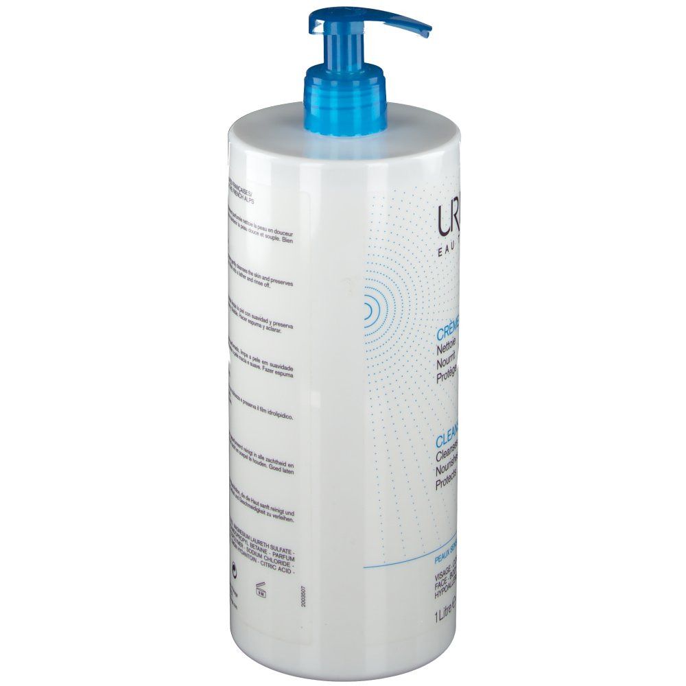 Vue latérale du flacon de Crème Lavante Uriage. Texte: Crème Lavante, Cleansing Cream. Informations produit.