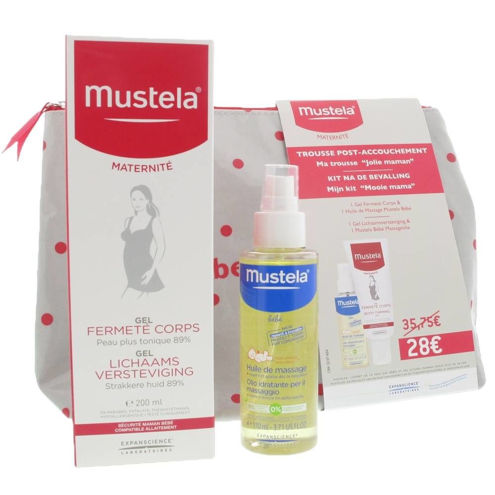 Coffret Mustela Maternité. Contient gel fermeté corps, huile de massage et trousse à pois. Prix affiché.