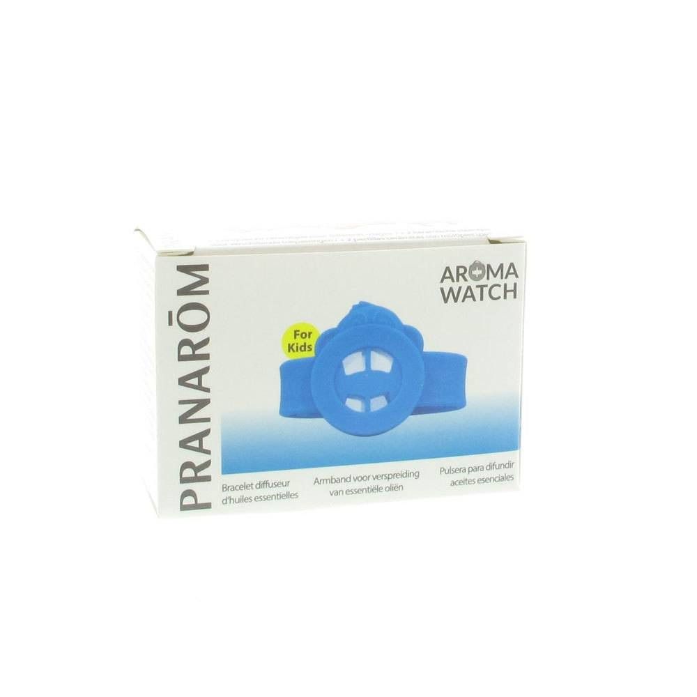 Bracelet diffuseur bleu pour enfants. Boîte avec inscriptions "PRANAROM" et "AROMA WATCH".