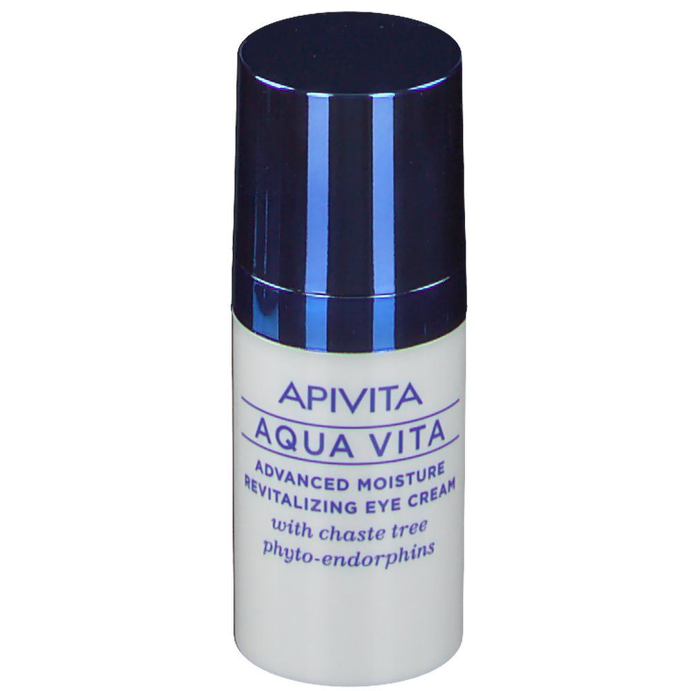 Kleine witte fles met blauwe dop. Opschrift: Apivita Aqua Vita, Advanced Moisture Revitalizing Eye Cream.