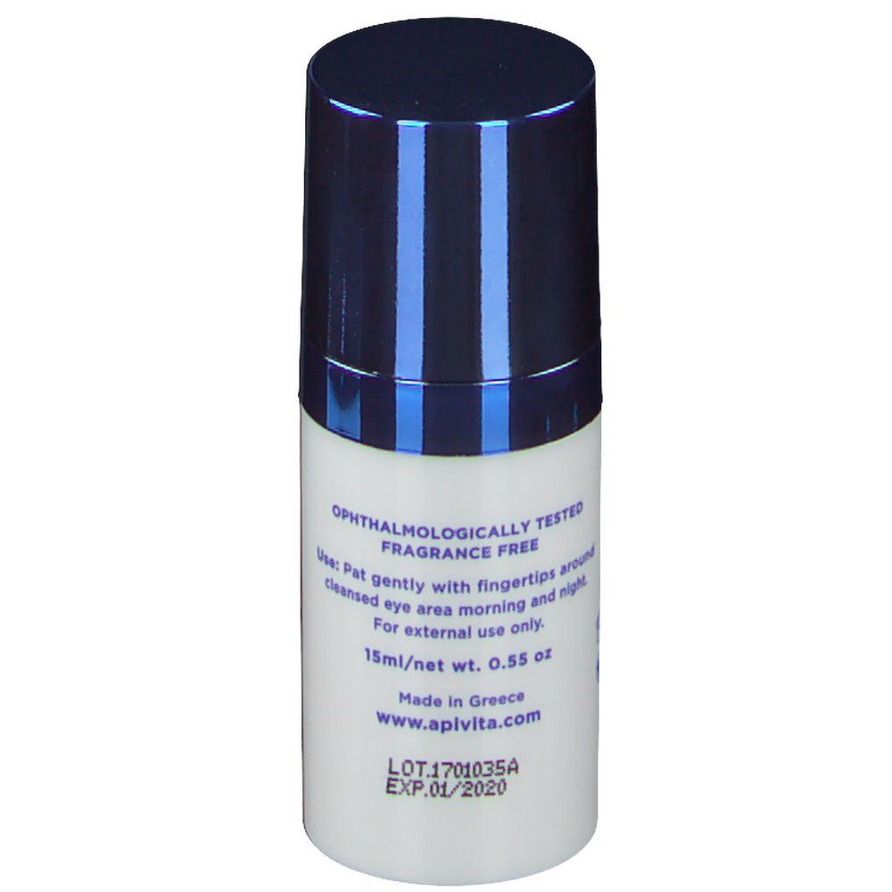 Witte fles met blauwe dop. Opschrift: Oogheelkundig getest. Achterkant: gebruiksaanwijzing, 15ml, www.apivita.com.