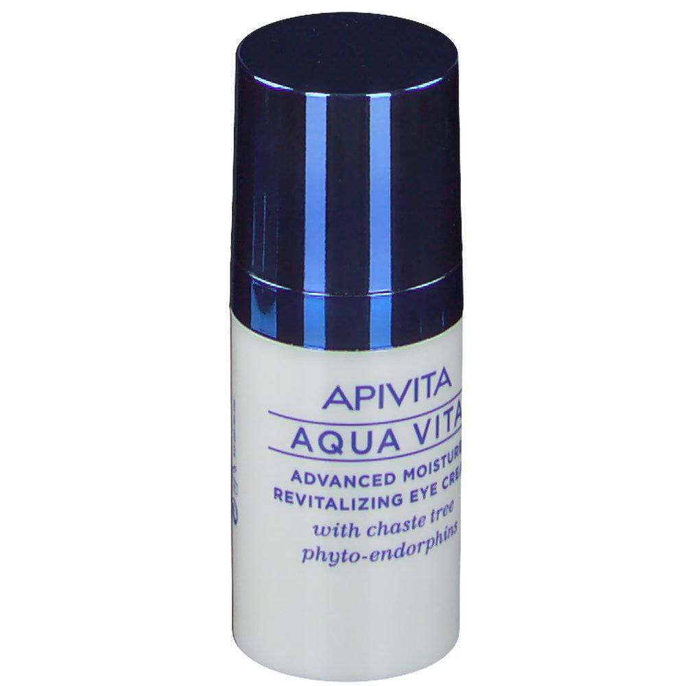 Kleine witte fles met blauwe dop. Opschrift: Apivita Aqua Vita, Advanced Moisture Revitalizing Eye Cream.