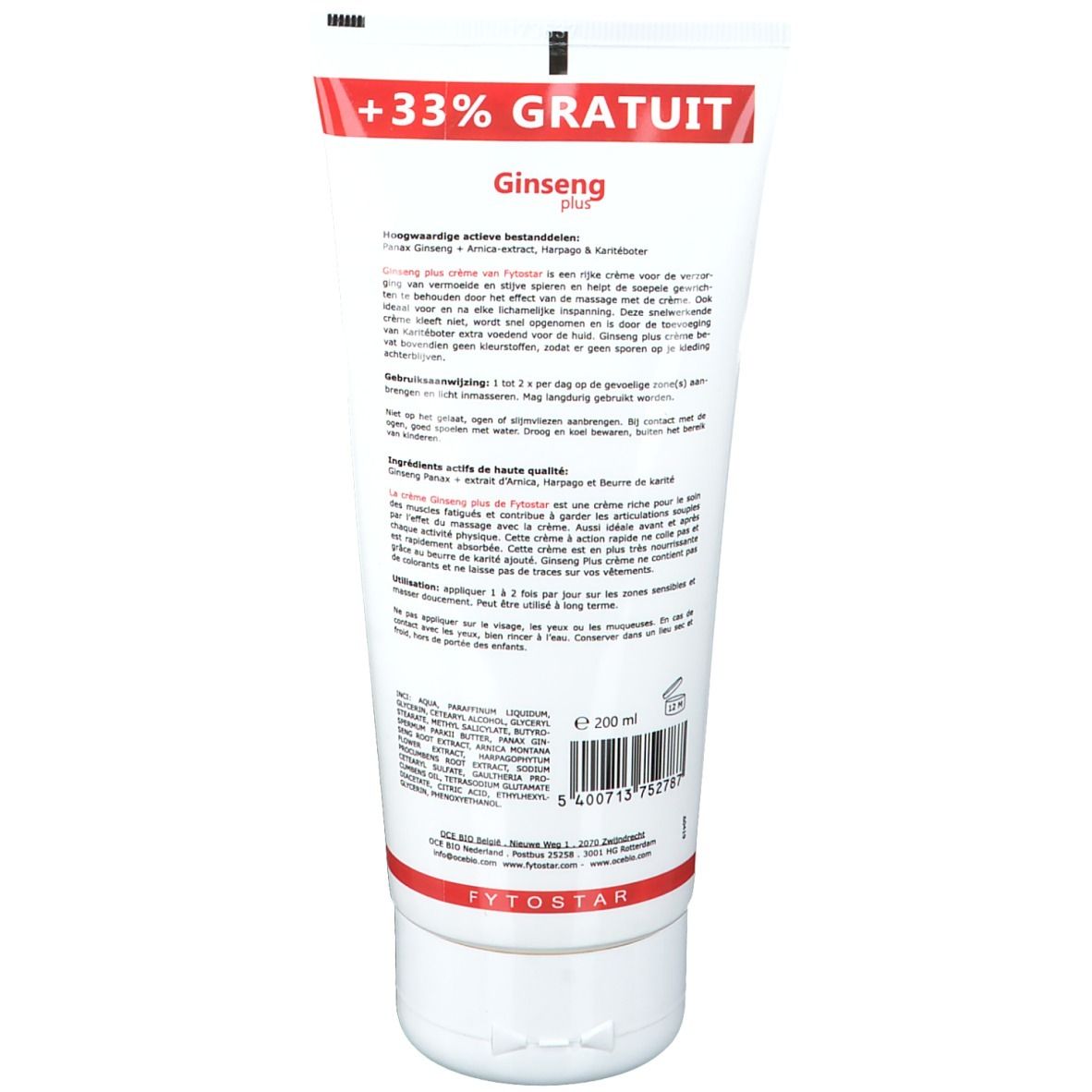Dos du tube. Texte et ingrédients. Inscription: Fytostar. Volume: 200 ml. Avec autocollant +33% GRATUIT.
