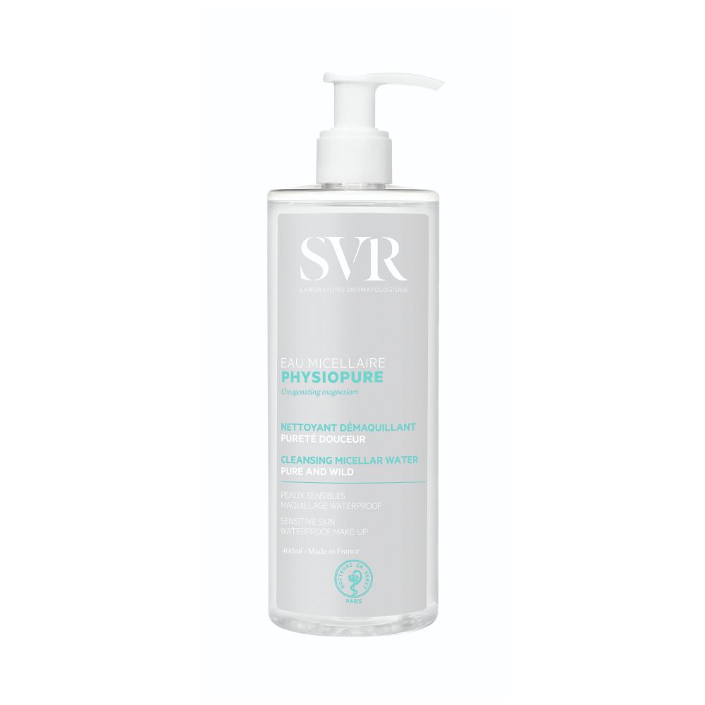 Flacon avec pompe. Inscription: SVR Eau Micellaire PHYSIOPURE. Pour peaux sensibles.