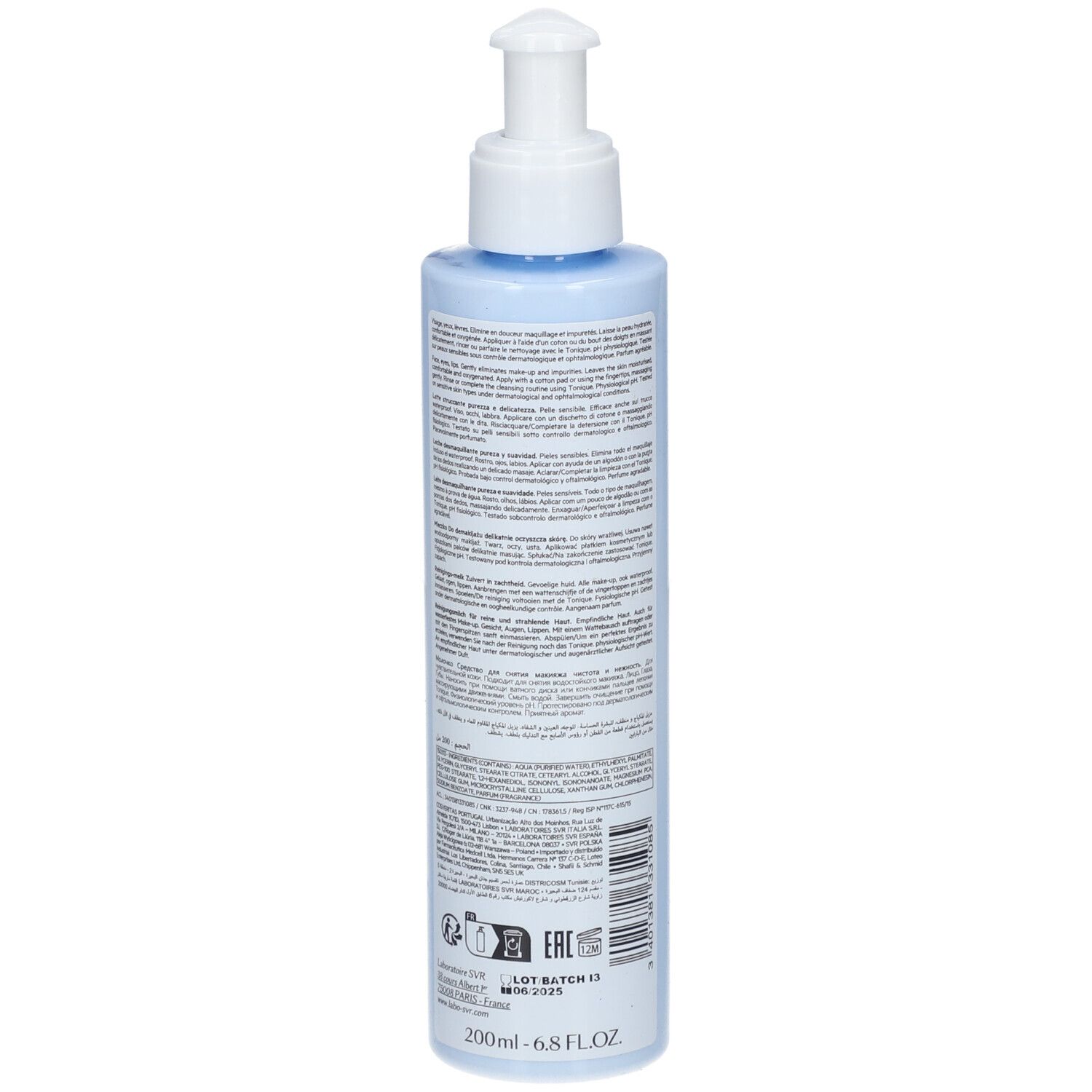 Vue arrière d'un flacon bleu clair avec pompe blanche. Texte et code-barres au dos. Nom: SVR PHYSIOPURE.