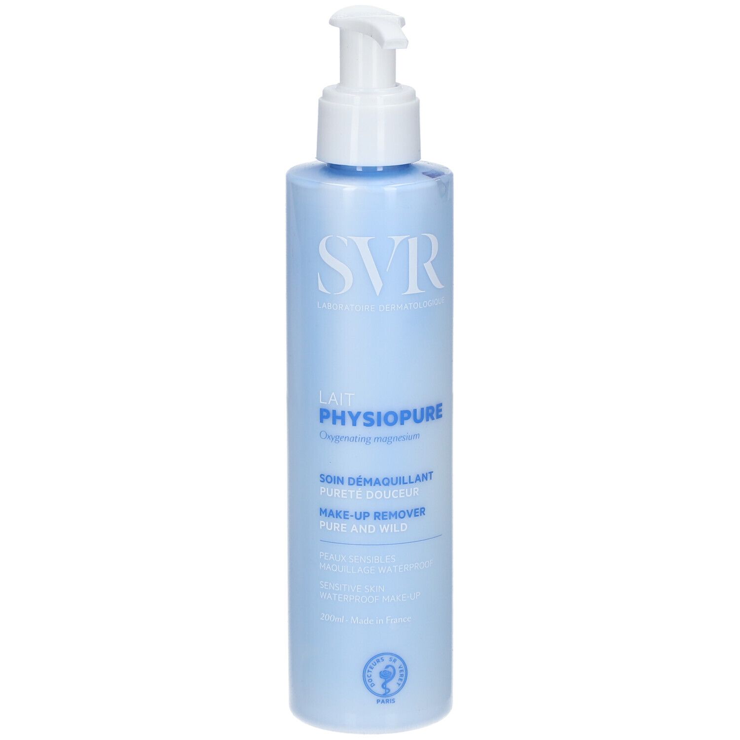 Flacon bleu clair avec pompe blanche. Inscription: SVR, PHYSIOPURE, démaquillant. Logo de certification visible.