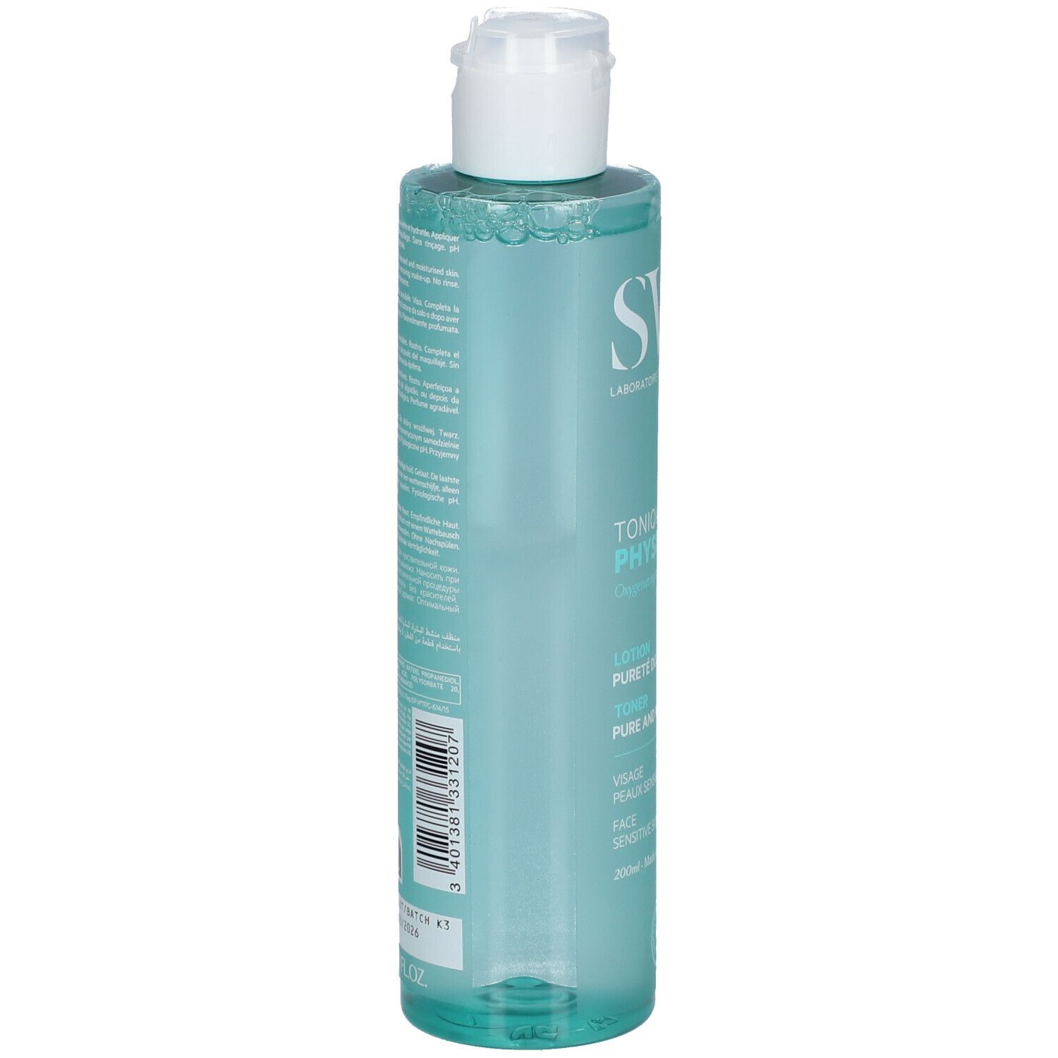 Dos du flacon SVR PHYSIOPURE TONIQUE. Flacon cylindrique, liquide bleu-vert, bouchon blanc. Texte et code-barres visibles.