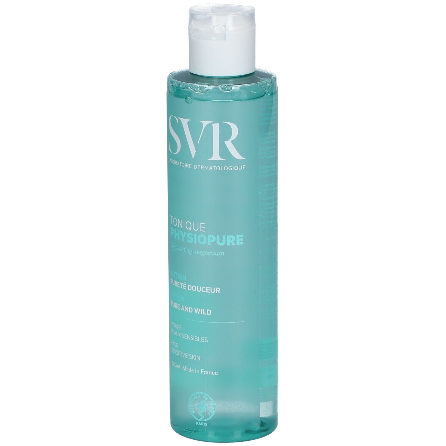 Flacon de SVR PHYSIOPURE TONIQUE. Liquide bleu-vert, bouchon blanc. Inscriptions : SVR, PHYSIOPURE, peaux sensibles. Fabriqué en France.