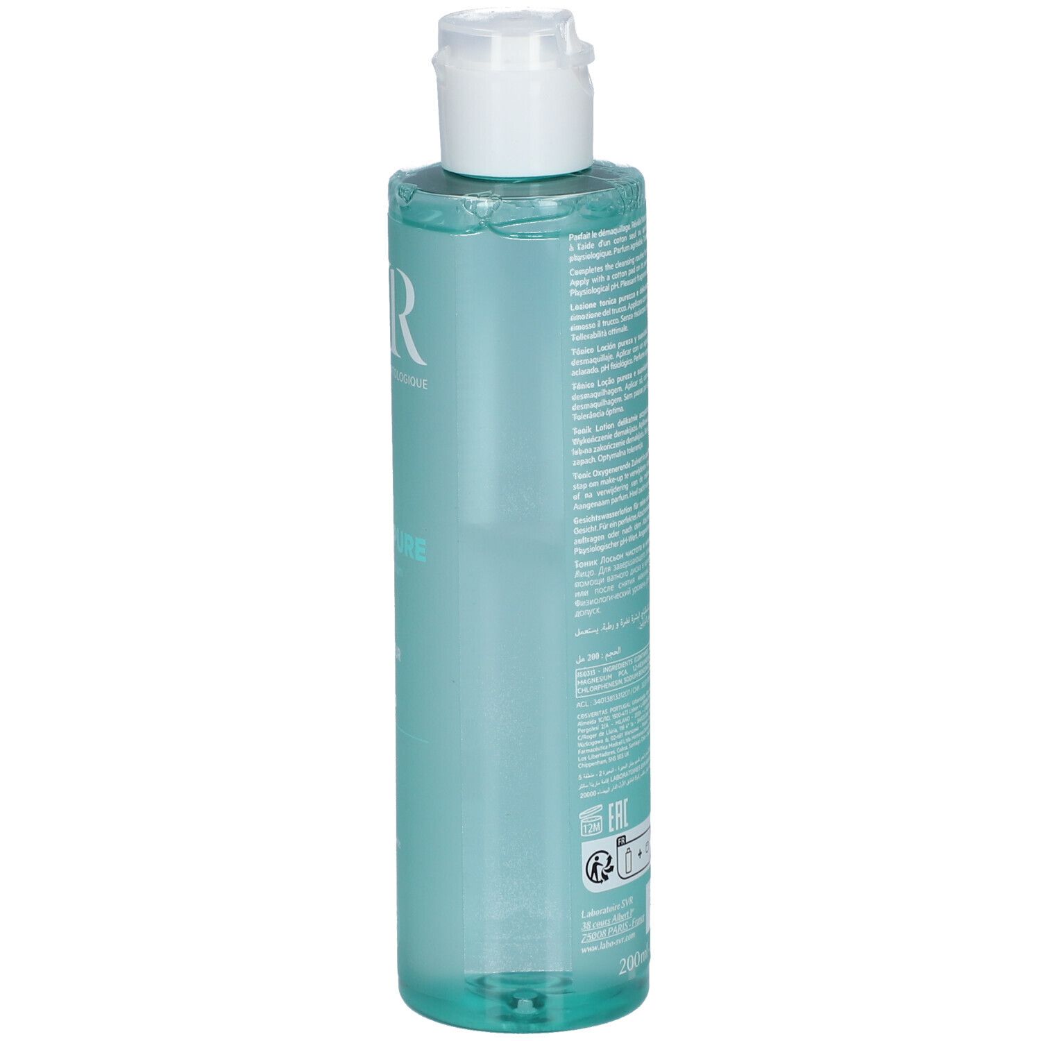 Dos du flacon SVR PHYSIOPURE TONIQUE. Flacon cylindrique, liquide bleu-vert, bouchon blanc. Texte et code-barres visibles.