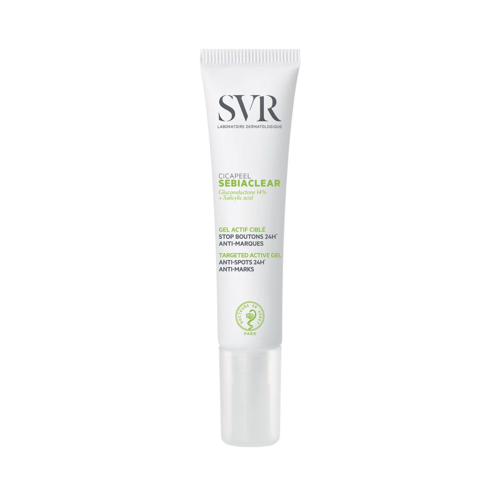 Tube blanche SVR SEBIACLEAR Cicapeel. Contient de la gluconolactone et de l'acide salicylique. Gel actif ciblé anti-boutons.