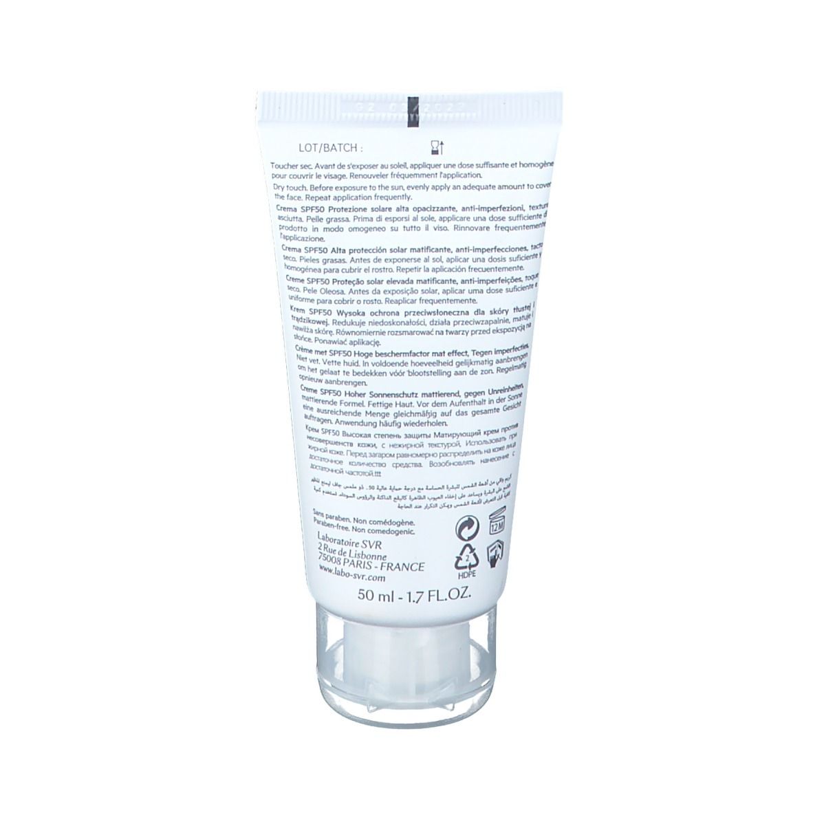 Dos du tube SVR SEBIACLEAR Creme SPF50. Texte multilingue. 50 ml. Bouchon transparent.