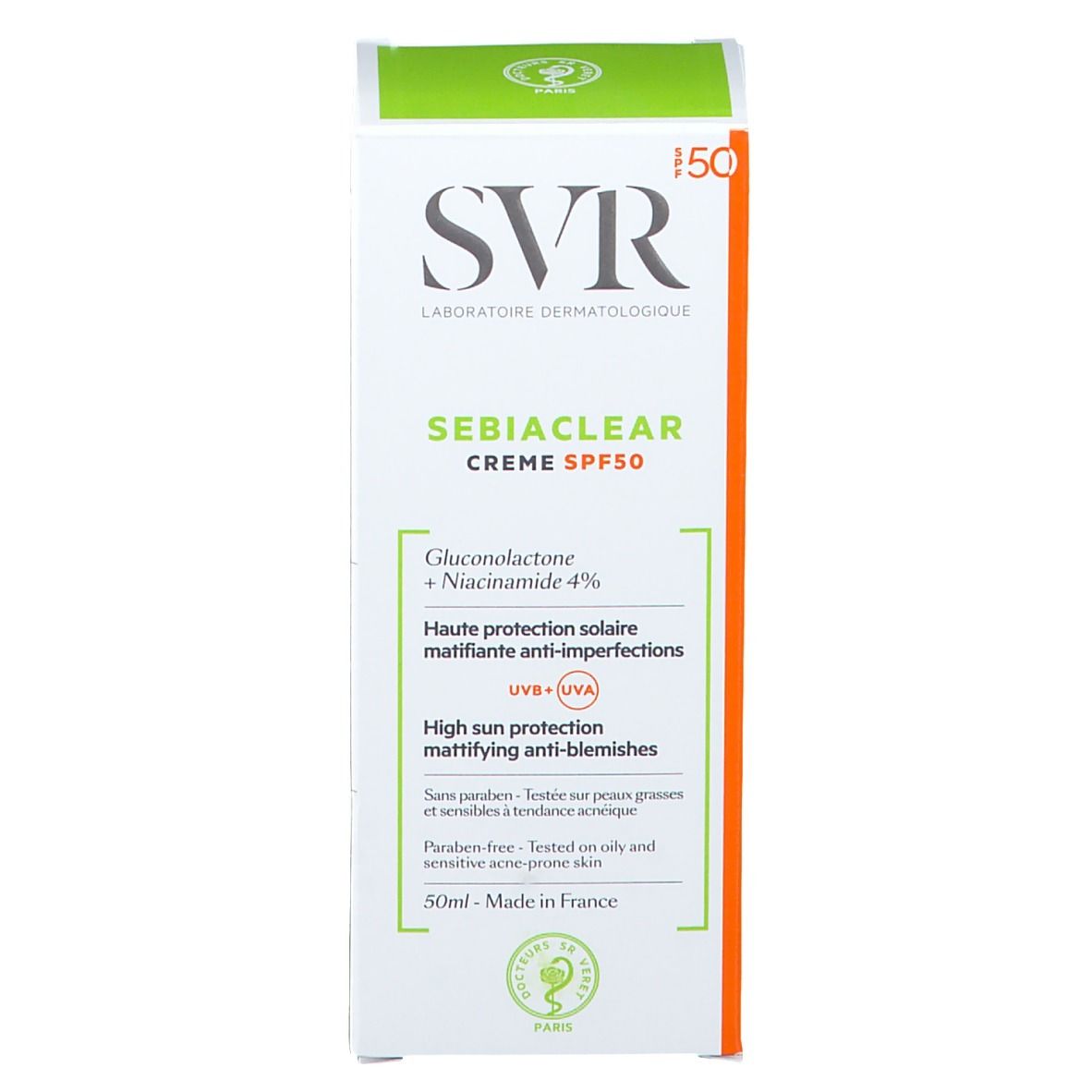 Emballage SVR SEBIACLEAR Creme SPF50. Blanc, vert et orange. Informations produit. SPF 50.