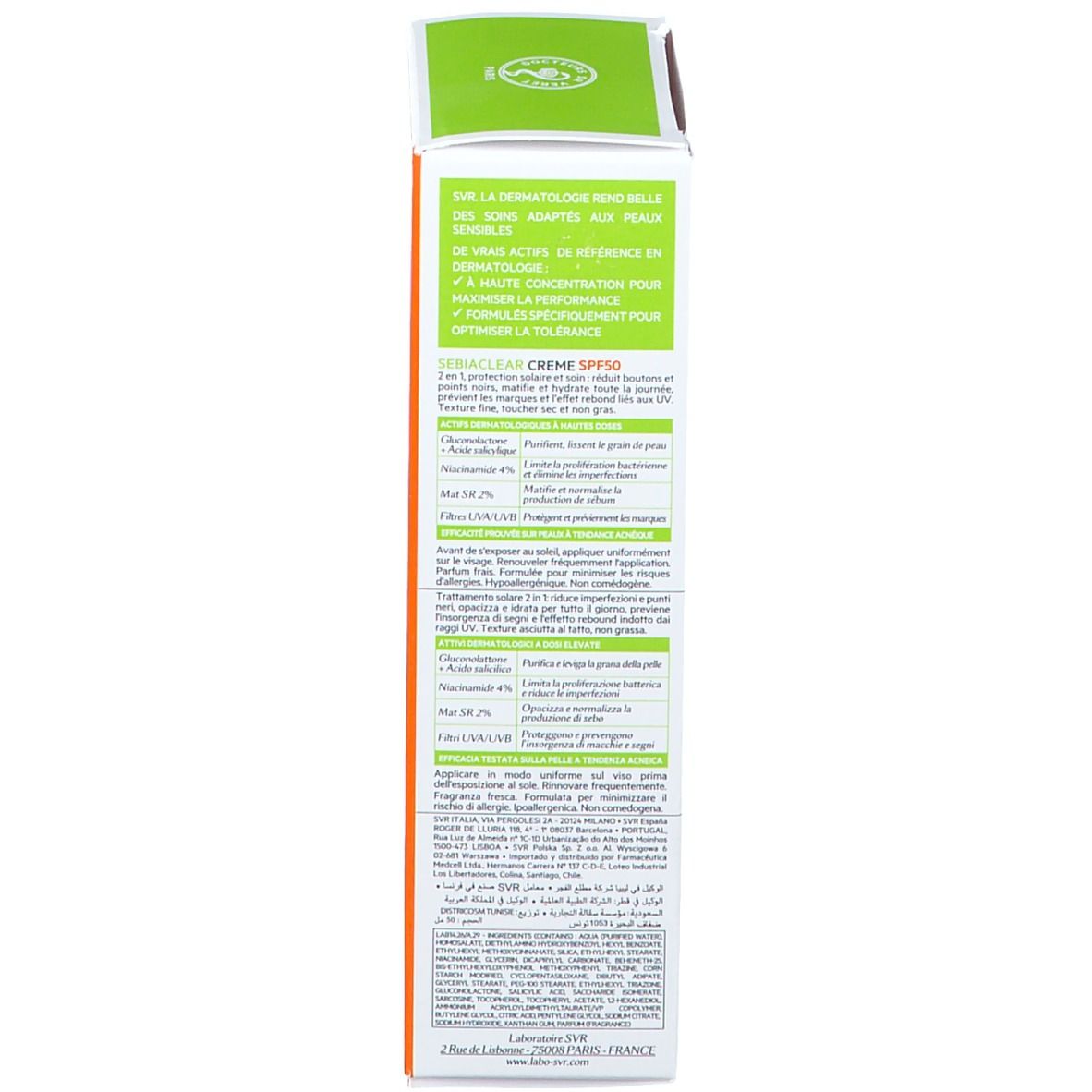Emballage SVR SEBIACLEAR Creme SPF50. Dos avec texte multilingue. Vert, orange et blanc.