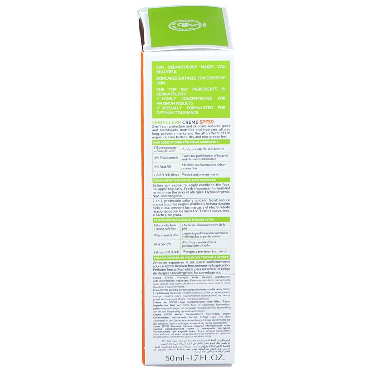 Emballage SVR SEBIACLEAR Creme SPF50. Dos avec texte multilingue. Vert, orange et blanc.
