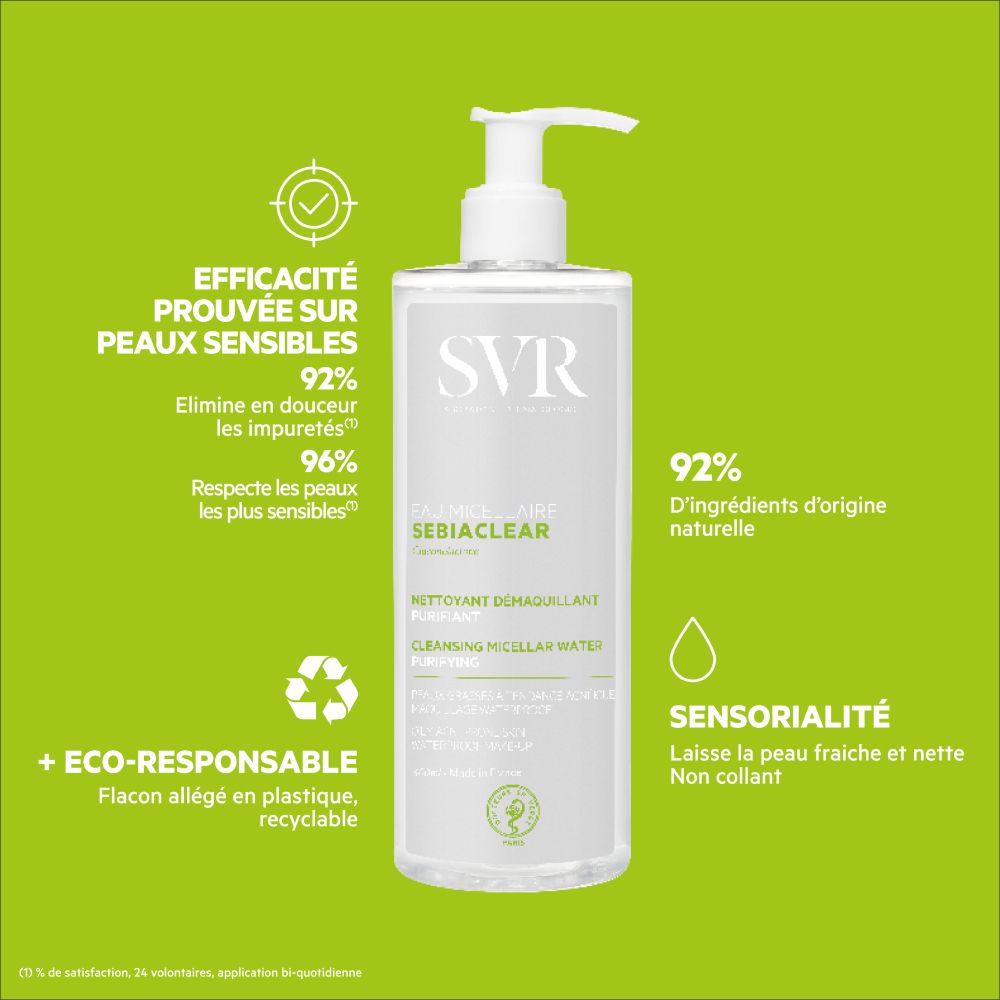 Flacon SVR SEBIACLEAR Eau Micellaire avec bouchon pompe blanc. Fond vert. Inscription: Eco-responsable.