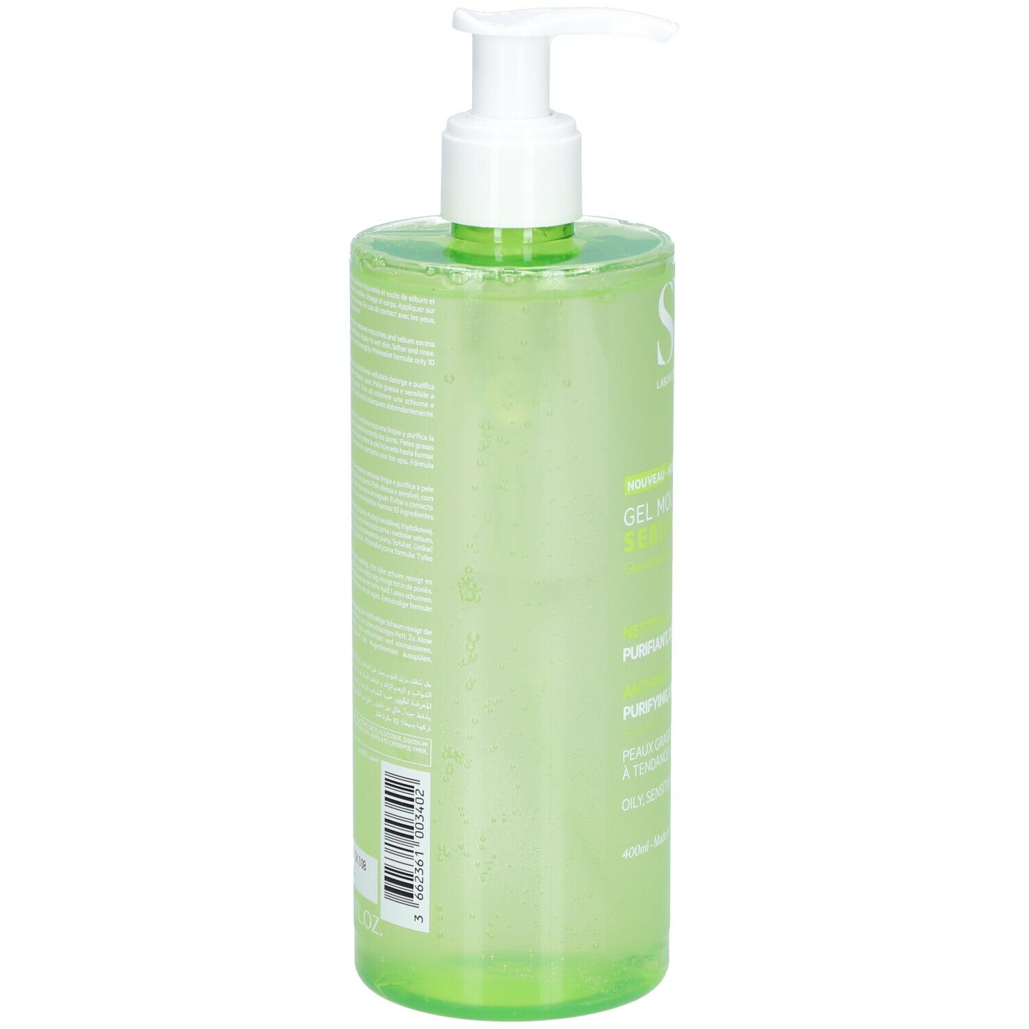 Flacon vert avec pompe blanche. Dos avec texte. Inscription SVR, Gel Moussant Sebiaclear. 400ml.
