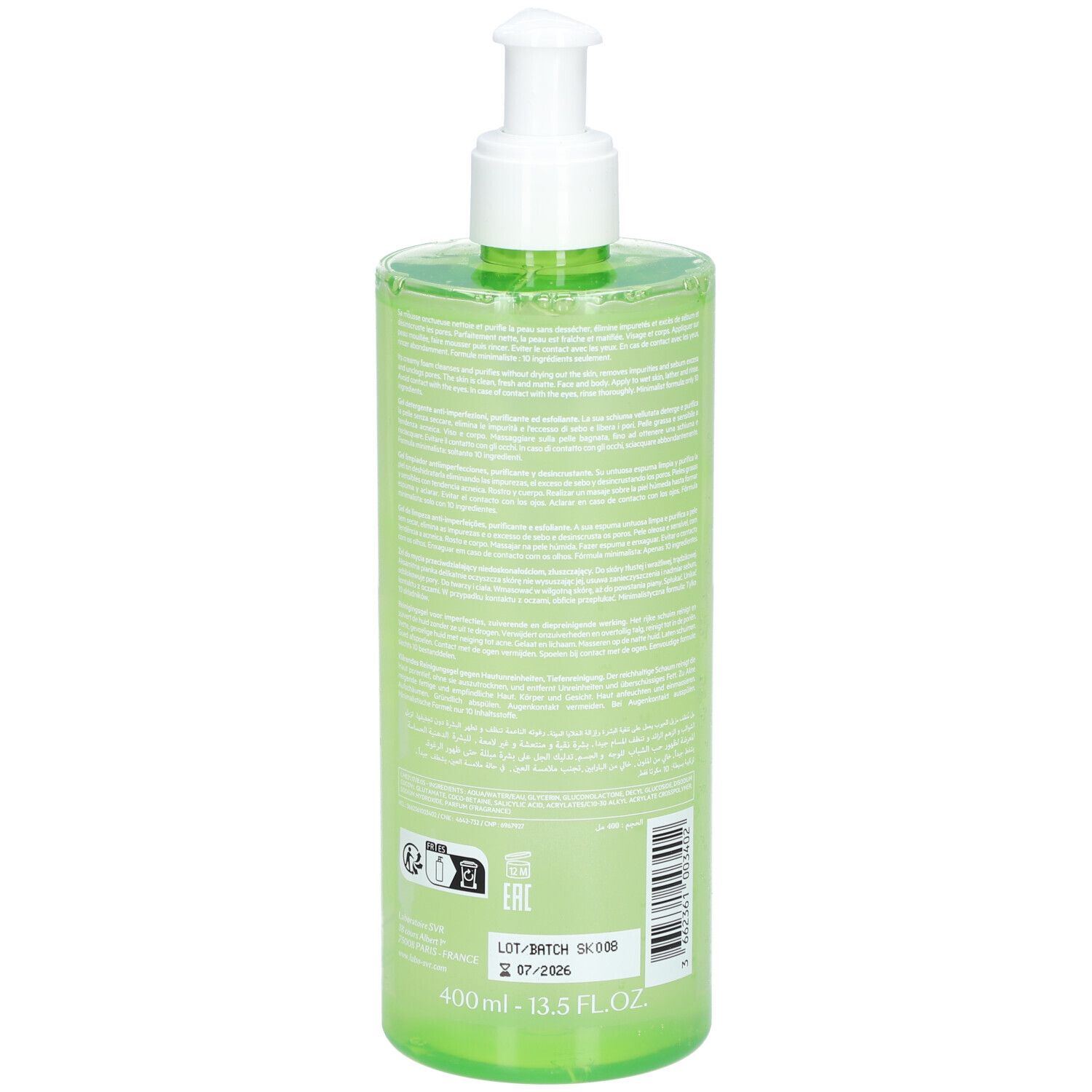 Flacon vert avec pompe blanche. Dos avec texte. Inscription SVR, Gel Moussant Sebiaclear. 400ml.