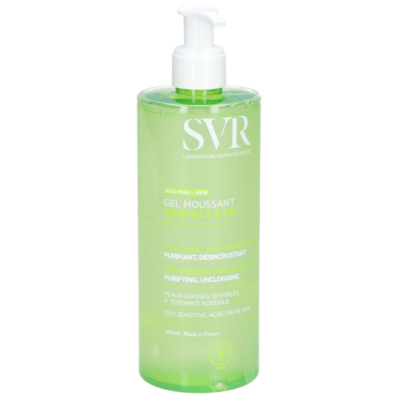 Flacon vert avec pompe blanche. Inscription SVR, Gel Moussant Sebiaclear. Pour peaux grasses, sensibles à tendance acnéique.