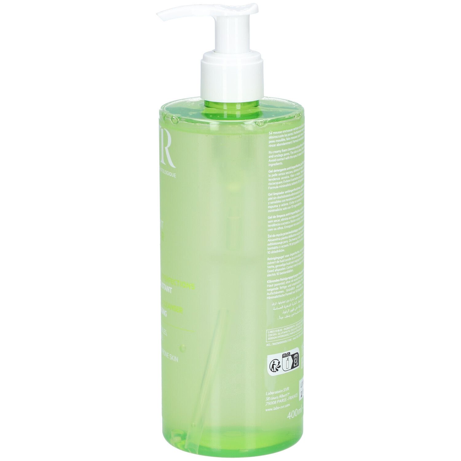 Flacon vert avec pompe blanche. Dos avec texte. Inscription SVR, Gel Moussant Sebiaclear. 400ml.