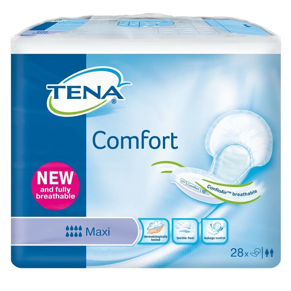 Paquet de TENA Comfort Maxi. Emballage bleu et blanc avec image du produit. Texte : Comfort, Maxi, testé dermatologiquement, respirant.