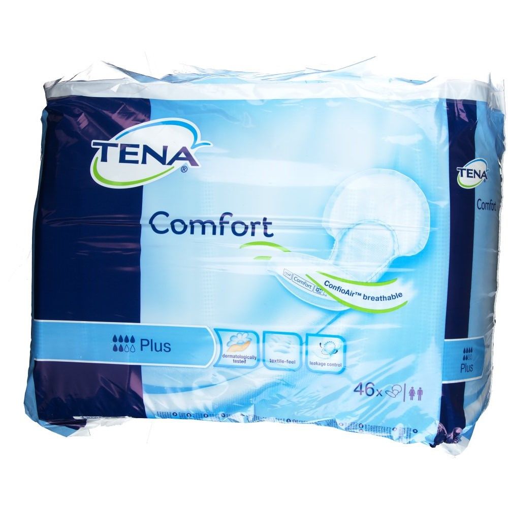 Emballage TENA Comfort Plus. Emballage bleu avec image du produit et logos. 46 unités.