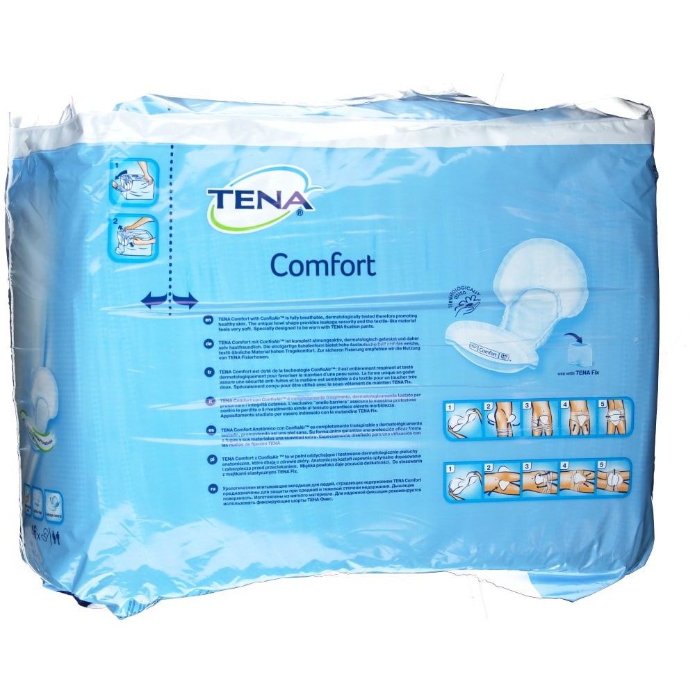 Emballage TENA Comfort. Emballage bleu avec image du produit et pictogrammes. Exemples d'utilisation.