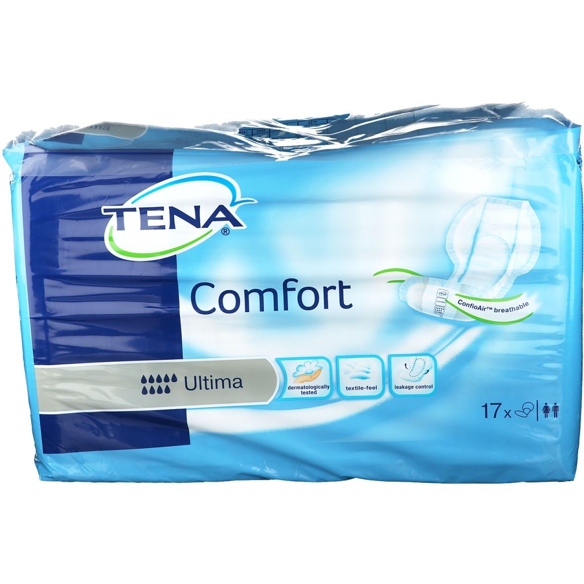 Paquet de Tena Comfort Ultima. Emballage bleu avec image du produit. Texte: Comfort, Ultima, 17 pièces. Testé dermatologiquement.