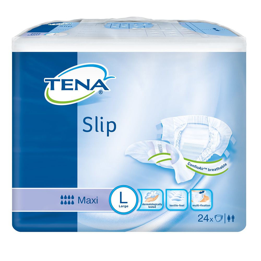 Paquet de Tena Slip Maxi, taille L. Inscriptions : Tena, Slip, Maxi, L, testé dermatologiquement, toucher textile, multi-fixation, 24 pièces.