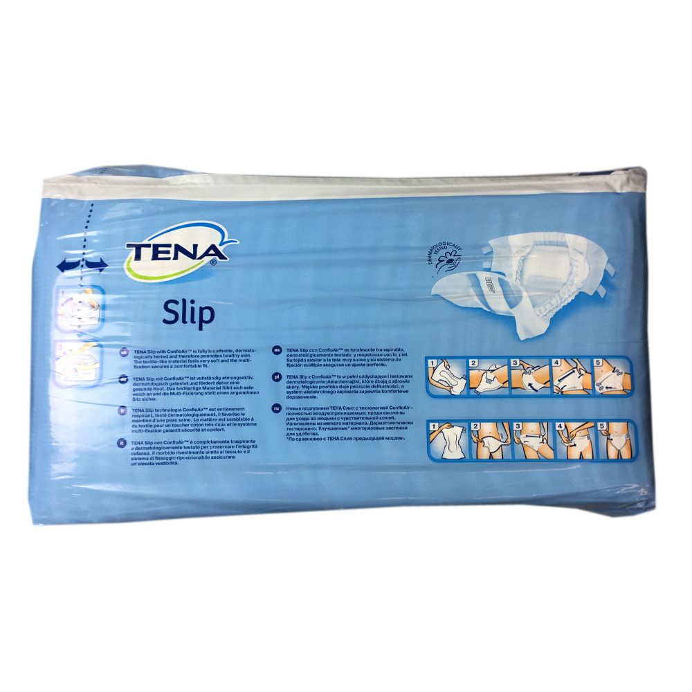 Emballage TENA Slip. Bleu clair, avec image du produit et pictogrammes. Marque TENA visible.