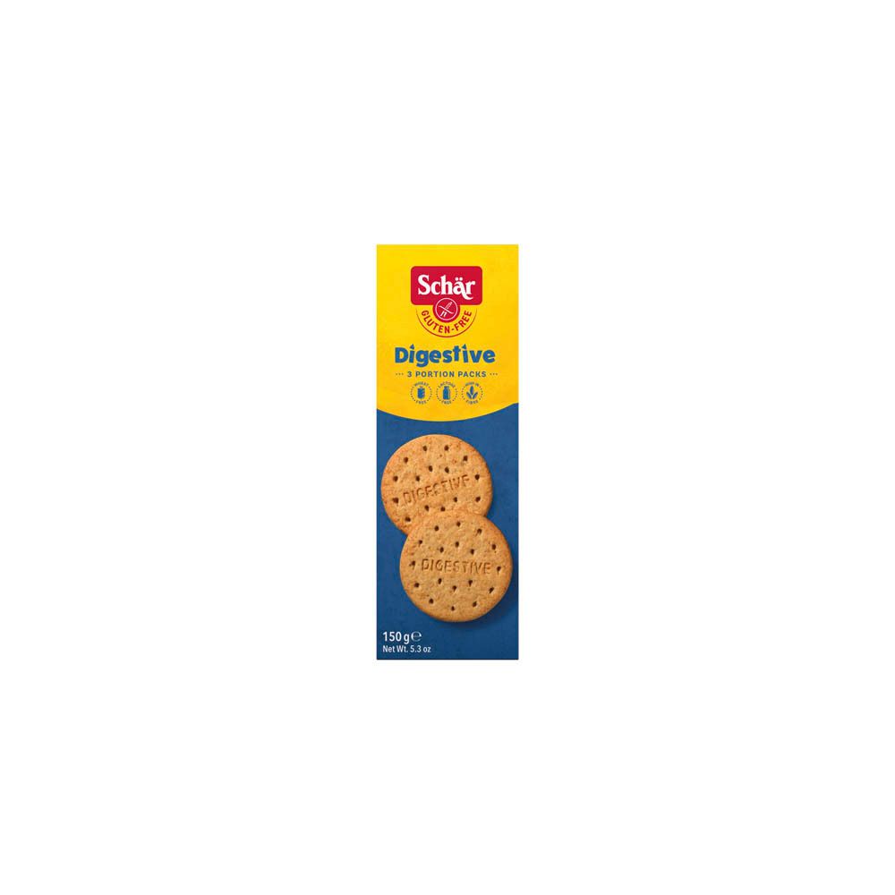 Boîte de biscuits sans gluten Schär Digestive. 3 portions. Biscuits ronds avec trous. Inscription "Digestive".