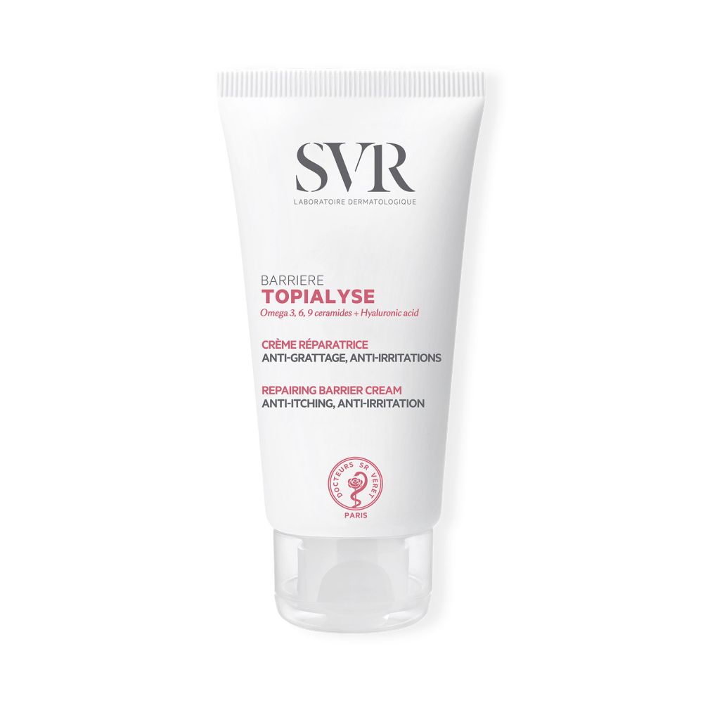 Tube blanc SVR TOPIALYSE Barriere. Contient Oméga 3,6,9 céramides et acide hyaluronique. Crème réparatrice anti-irritations.