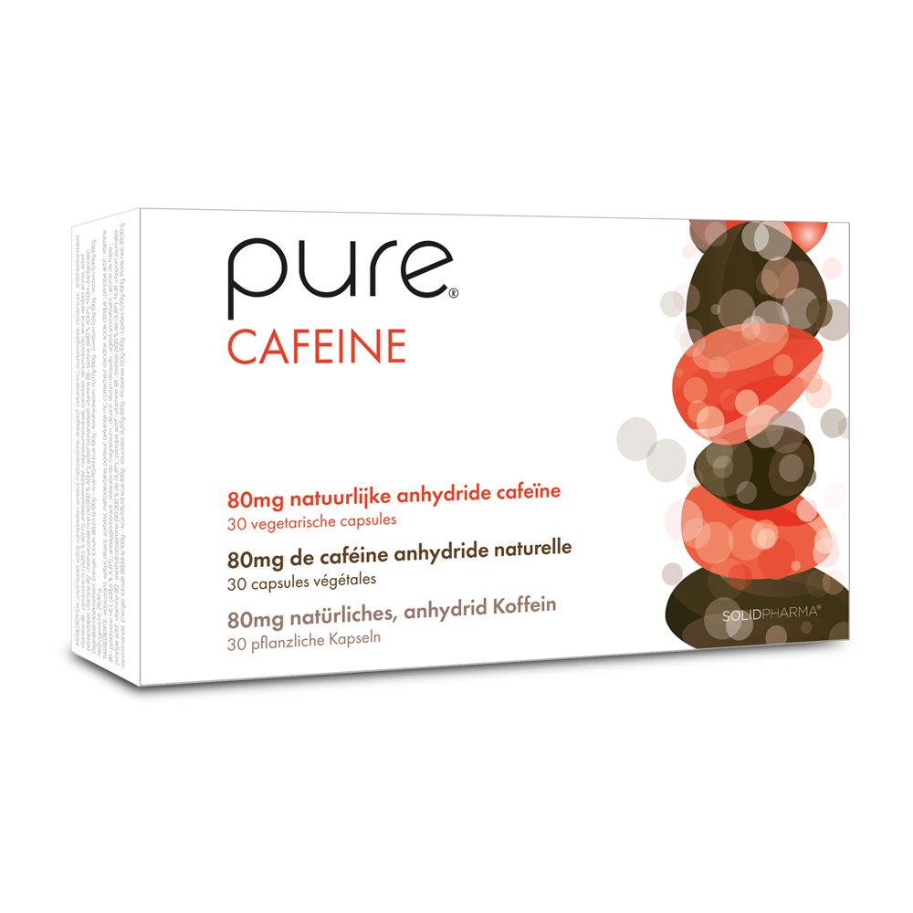 Rückseite der weißen Schachtel "pure CAFFEINE". Mehrsprachiger Text und Design.