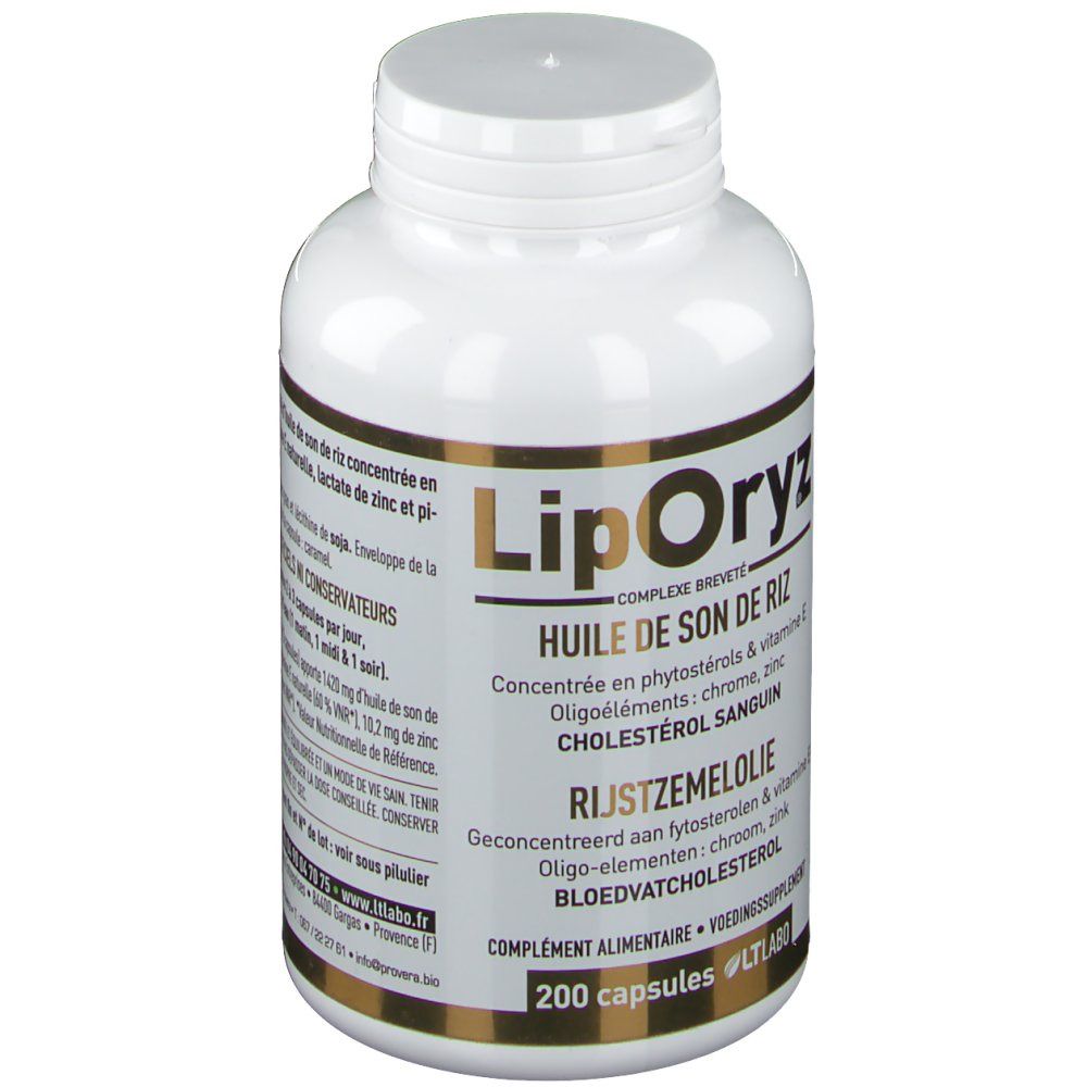 Witte fles met gouden accenten. Opschrift: LipOryz, rijstzemelolie, 200 capsules. Met certificeringen.