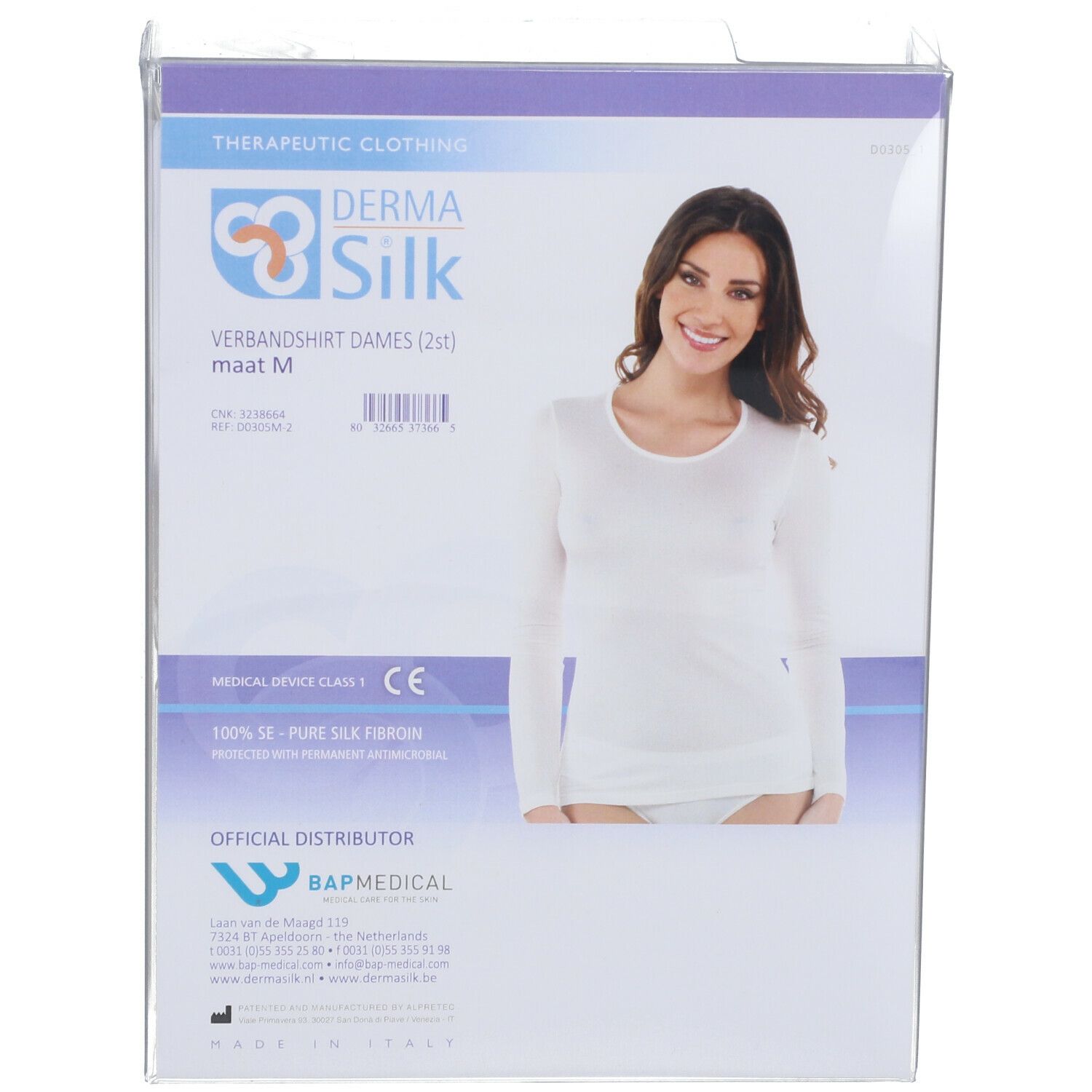 Verbandshirt Damen, weiß, Größe M, in Verpackung. Aufdruck: DERMA Silk, CE-Zeichen, 100% Seide.