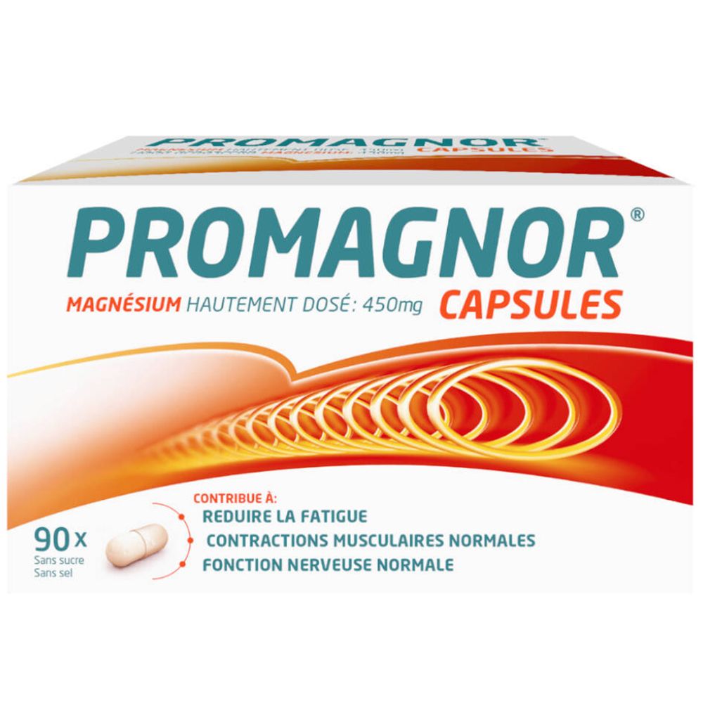 Boîte de PROMAGNOR Capsules. Contient 90 capsules. Magnésium 450mg. Sans sucre et sel. Emballage blanc et orange.