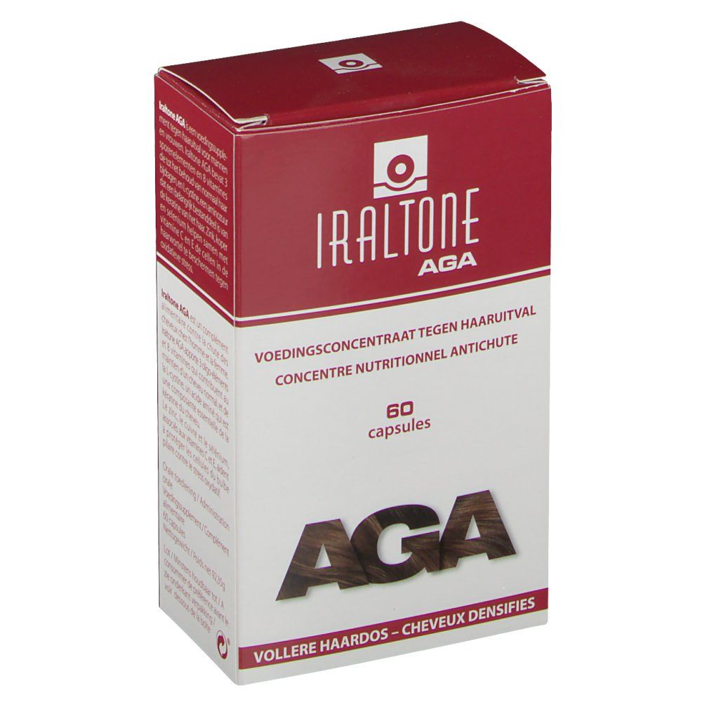 Boîte Iraltone AGA. Rouge et blanc, nom du produit et 60 capsules. Texte: Volle Haardos - Cheveux Densifies.