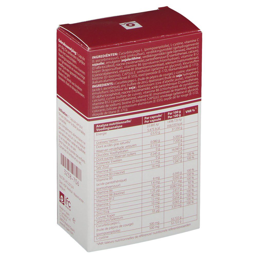 Dos de la boîte Iraltone AGA. Ingrédients et analyse nutritionnelle. Texte: 60 capsules.