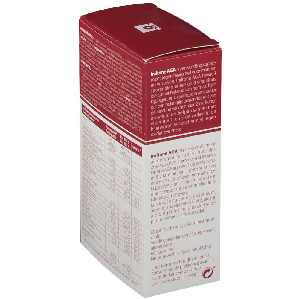 Vue latérale de la boîte Iraltone AGA. Informations sur l'utilisation et les ingrédients. Texte: 60 capsules.