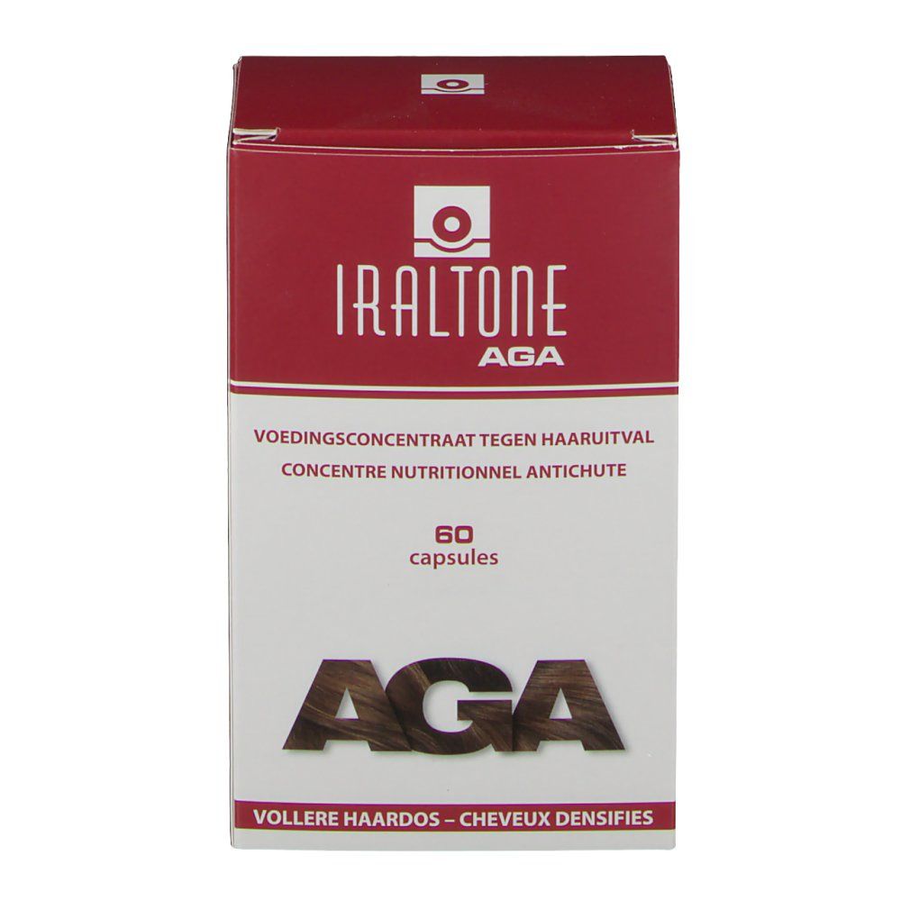 Vue de face de la boîte Iraltone AGA. Boîte rouge et blanche avec nom du produit et 60 capsules. Texte: Volle Haardos - Cheveux Densifies.